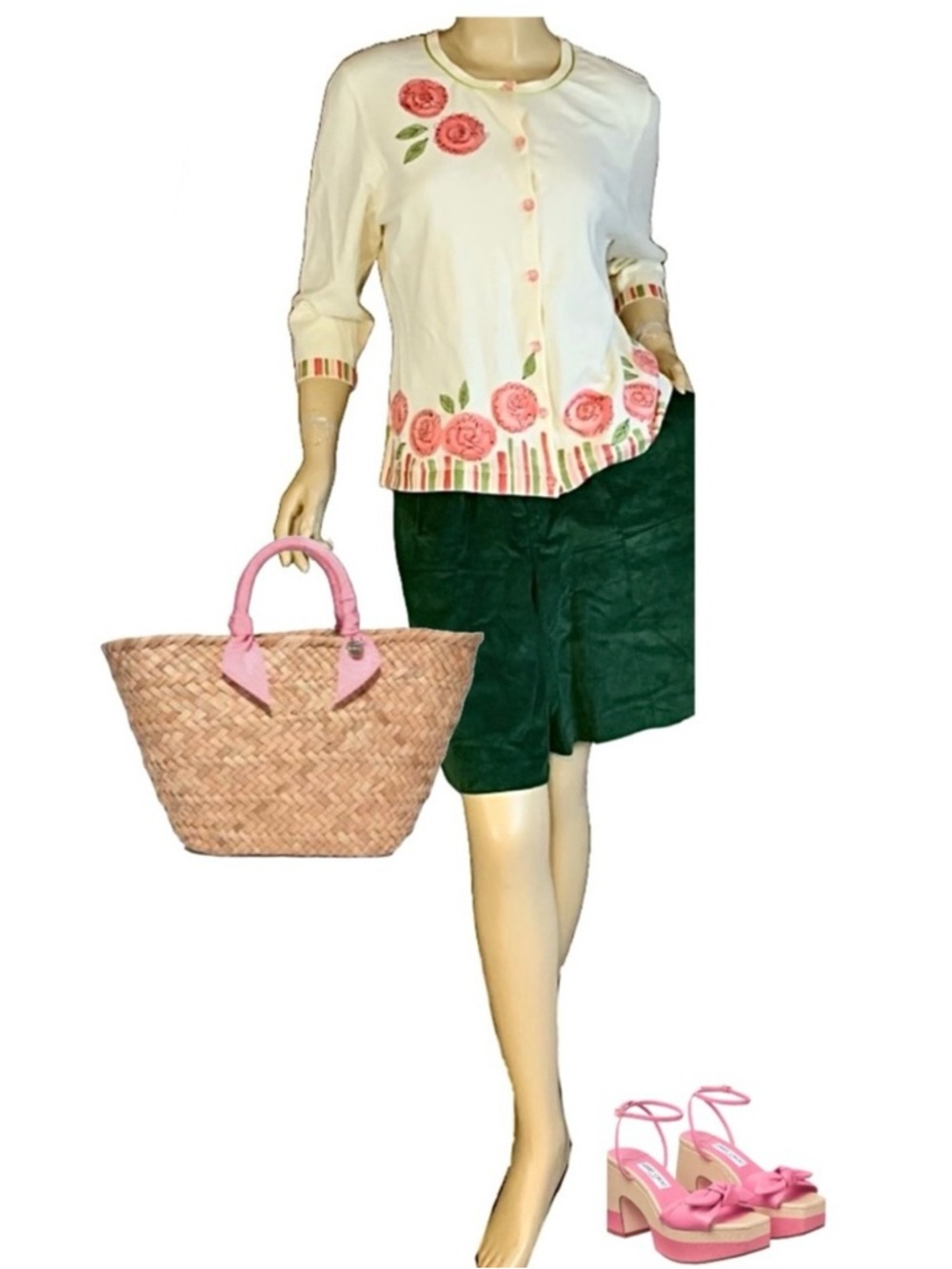 VINTAGE Y2K GARNET HILL CREAM, PINK & GREEN FLORAL CARDIGAN SWEATER (L)